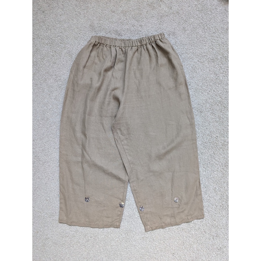 What's Up Lagenlook Crop Wide Leg Pant Women 1X Tan Linen Blend USA ShellButton